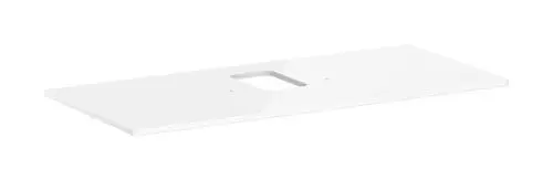 Helle, rechteckige Konsole mit mittigem Ausschnitt, geeignet für einen Aufsatzwaschtisch. Produkt von Hansgrohe, Hochglanz-Oberfläche.